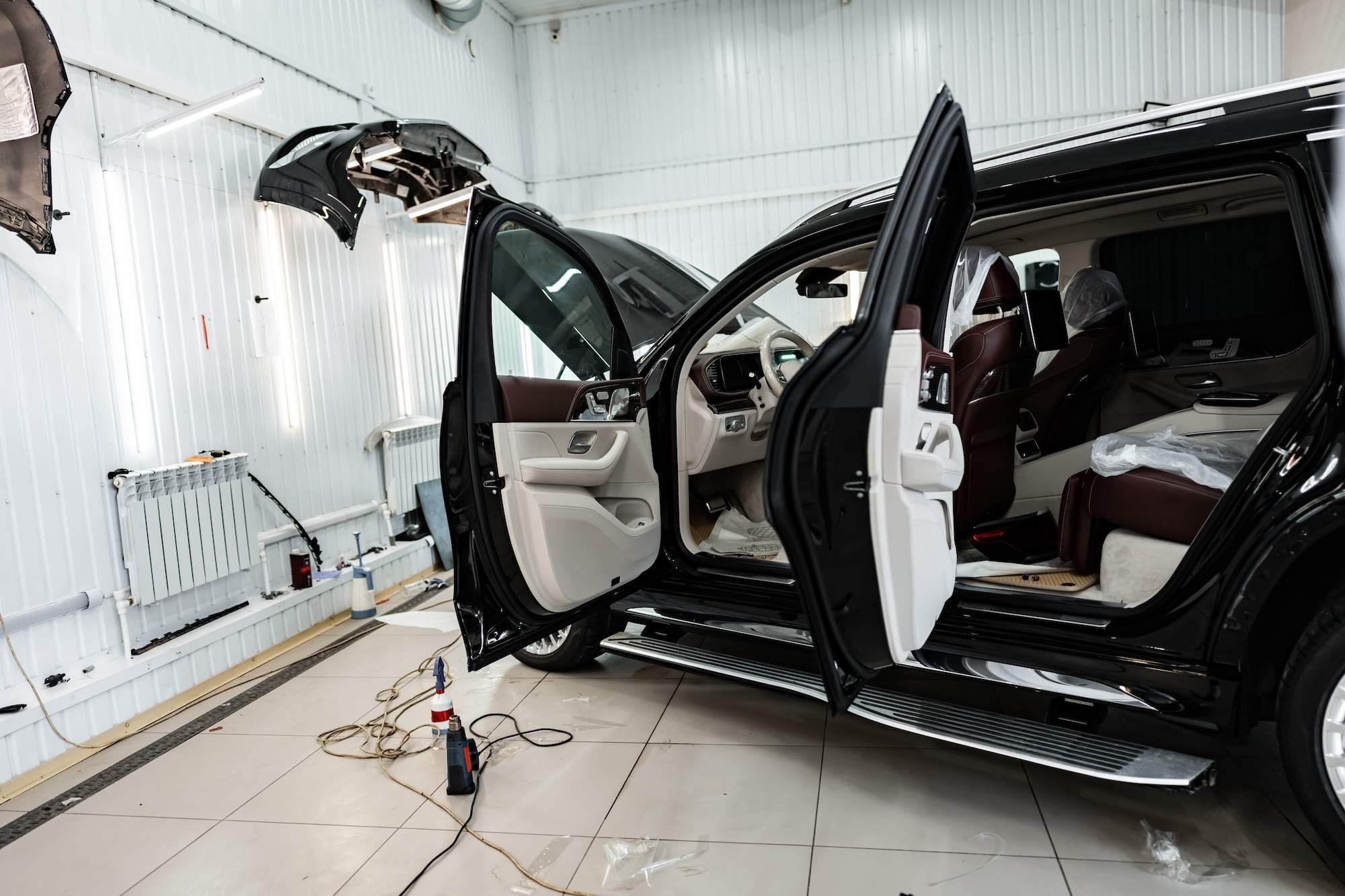 Modern car in a car service close up